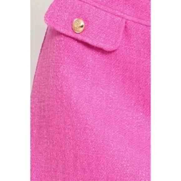 Valentines Day Hot Pink Tweed Faux Pocket Woven Button Mini Skirt - Picture 4 of 4
